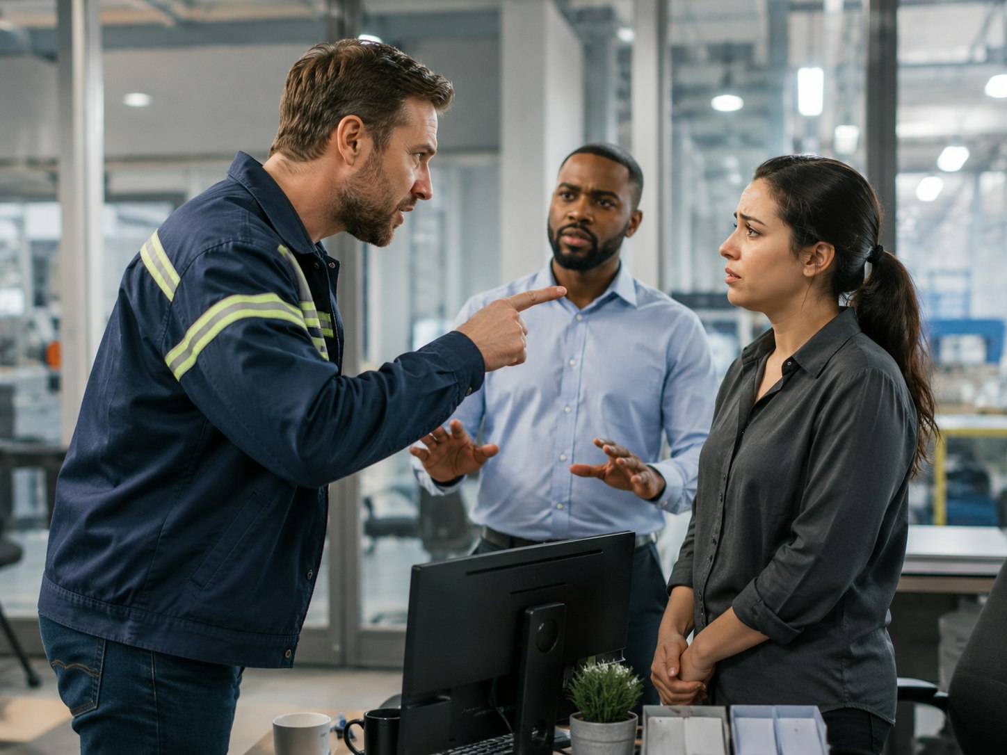 A professional holding up a hand in a stop gesture with colleagues in the background, signaling workplace violence prevention.