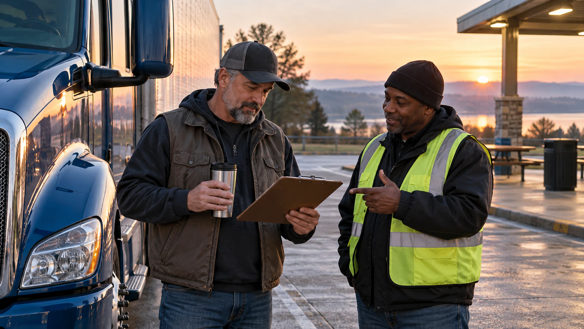 A supervisor with a clipboard and coffee talks with a driver in a high-visibility vest beside a truck at sunset.