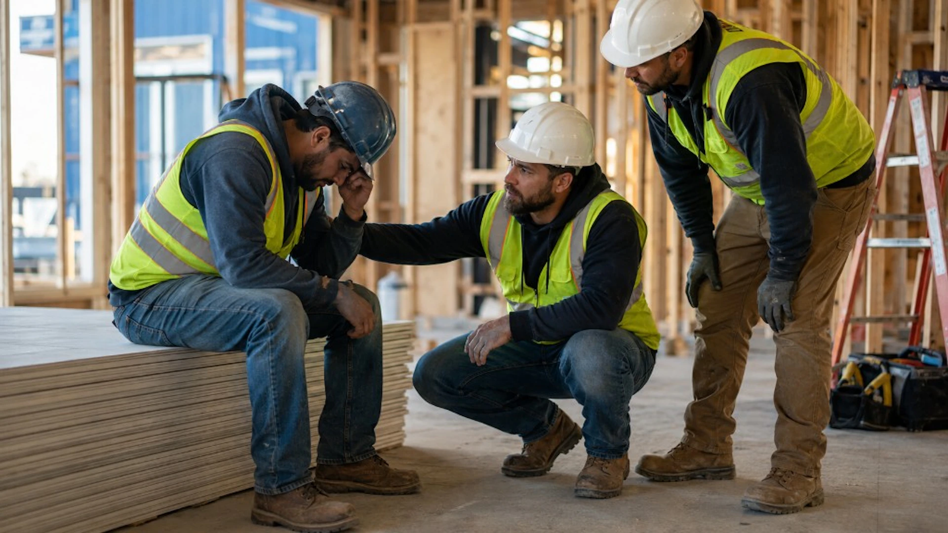 Two construction workers in high-visibility vests checking on a distressed coworker sitting on a stack of plywood at a job site.