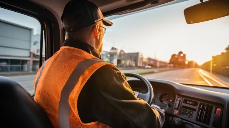 A work vehicle driver in a high-visibility vest behind the wheel at sunset, illustrating everyday fleet safety risk.