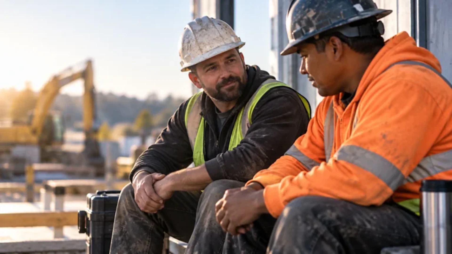 Two construction workers in hard hats talking on a job site, illustrating workplace recovery support.