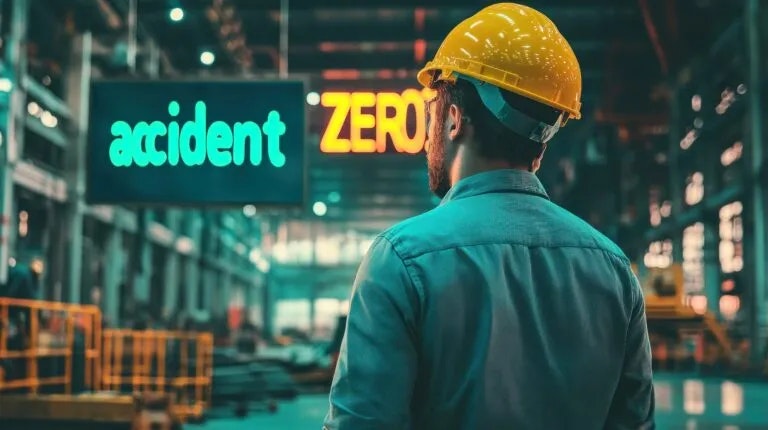 Worker in hard hat looking at Accident Zero sign in industrial facility