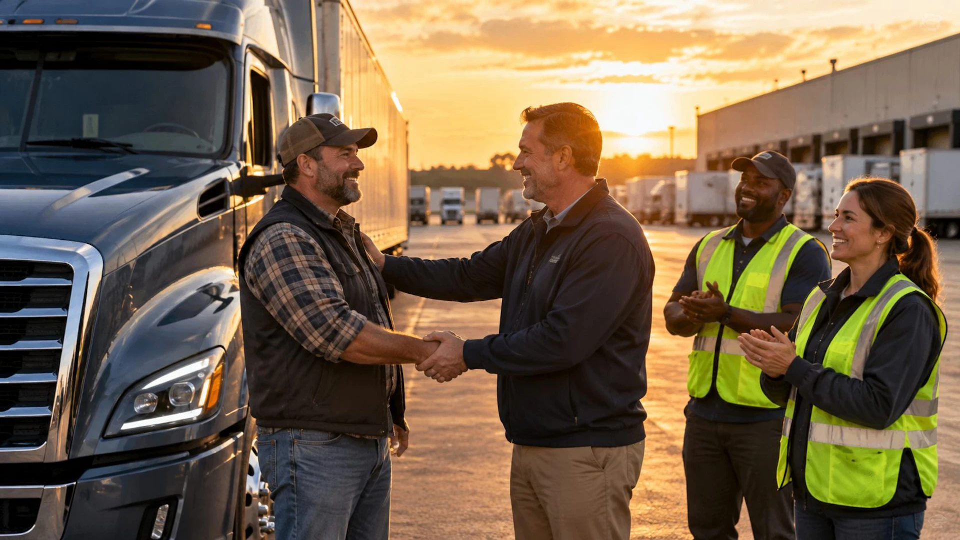 A fleet manager shaking hands with a truck driver at a terminal at sunset, while two coworkers in safety vests applaud.