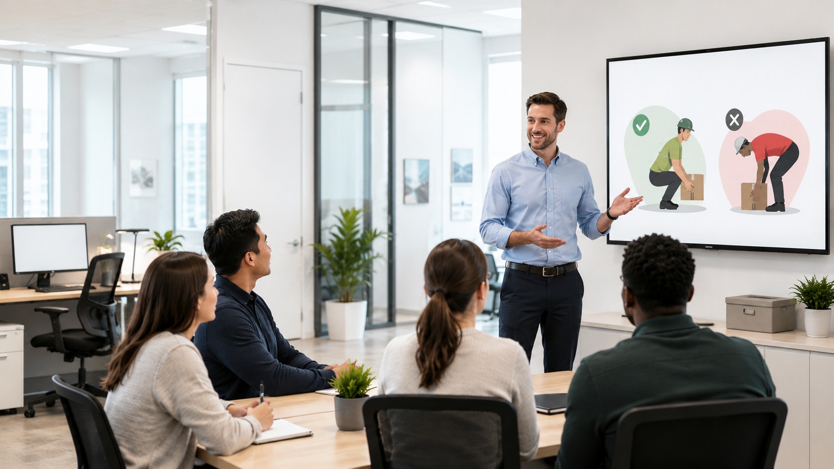 A safety leader presenting proactive workplace safety practices to an engaged team in a modern office.