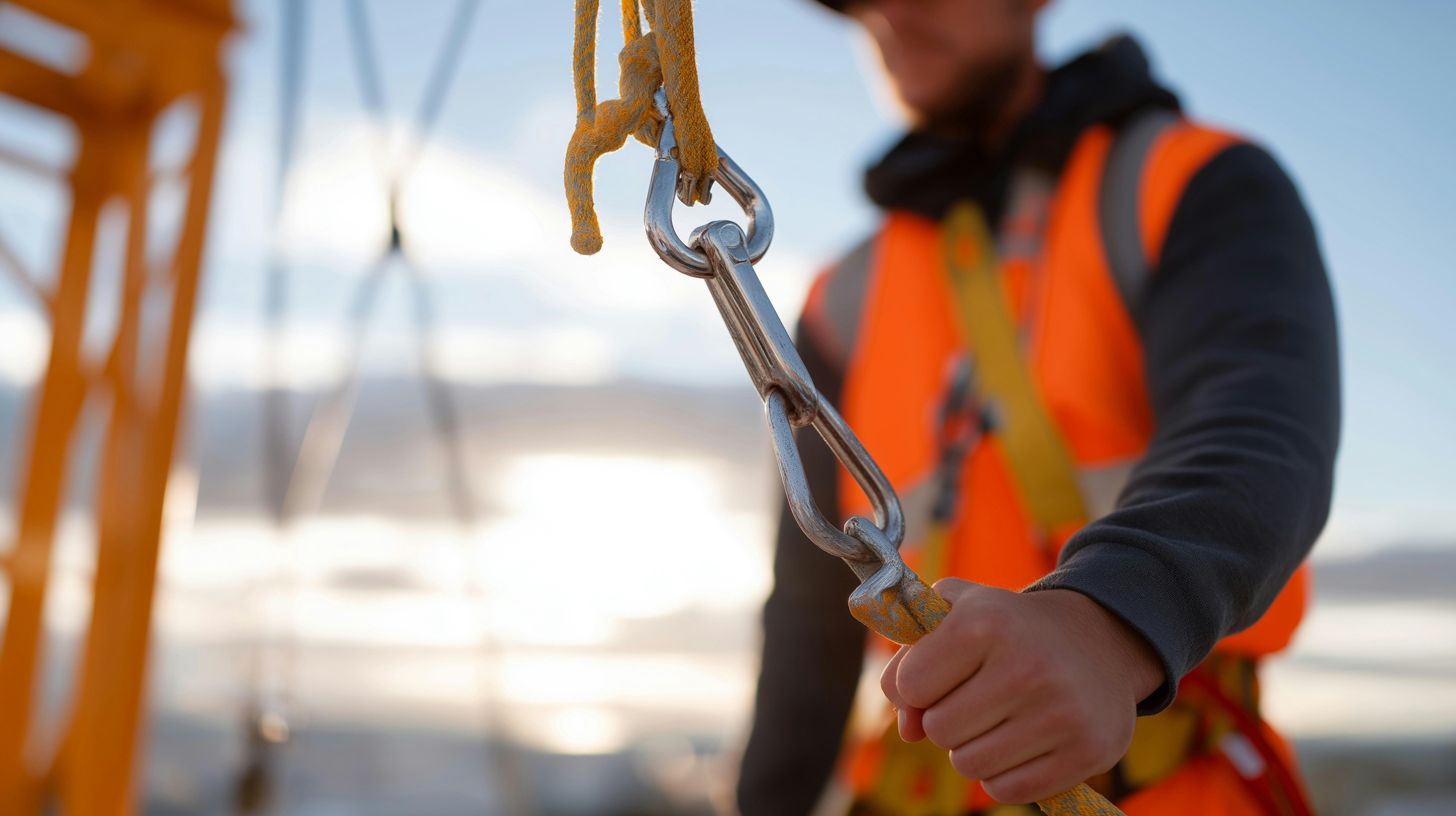 Construction worker tied off in a harness on a steel beam, illustrating OSHA fall protection in 2026