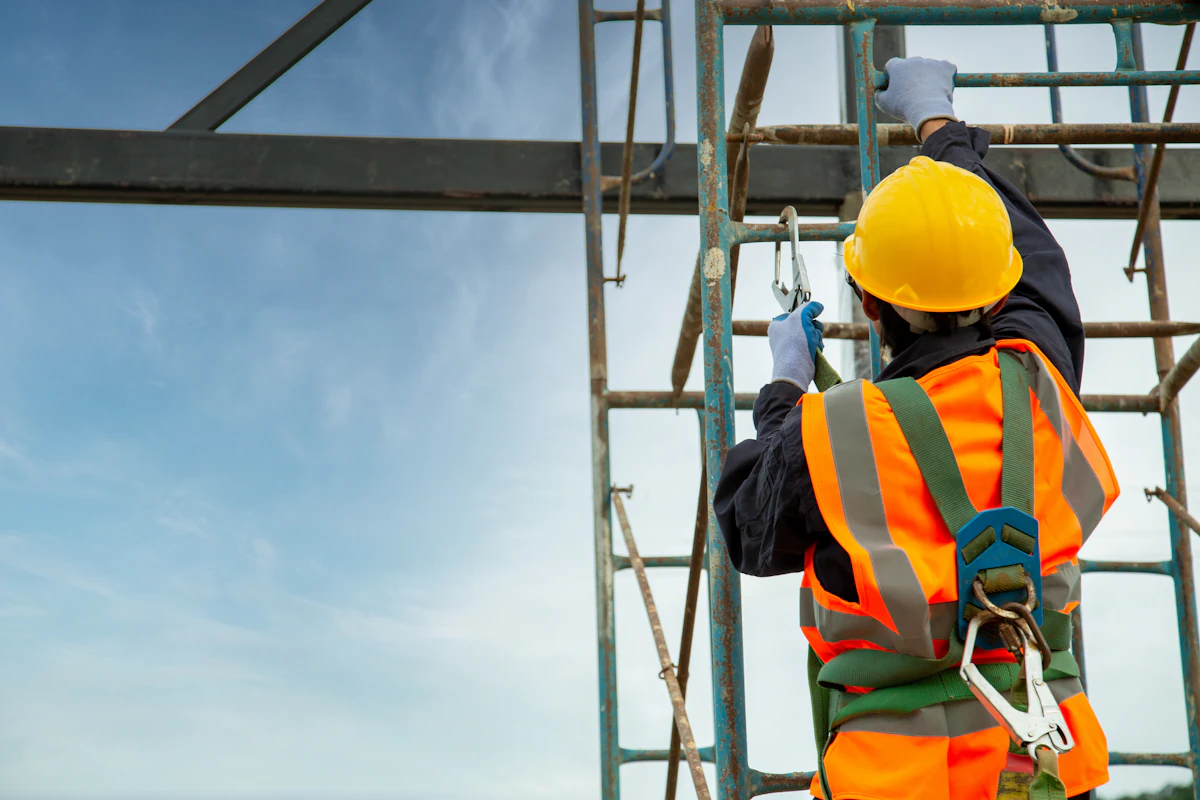 Worker in safety harness on scaffolding