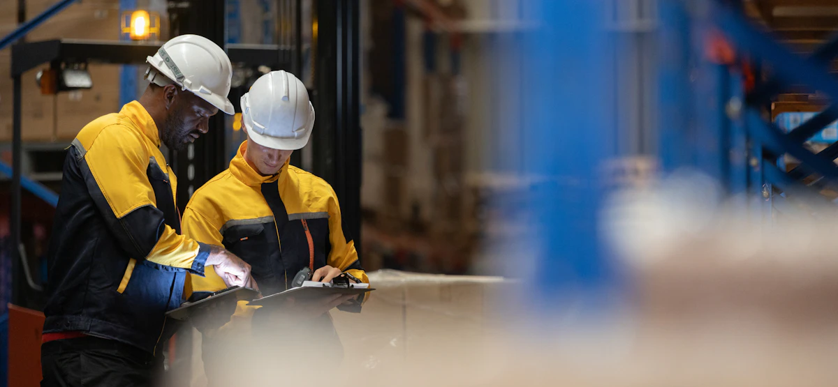 Two safety professionals reviewing a tablet in a warehouse